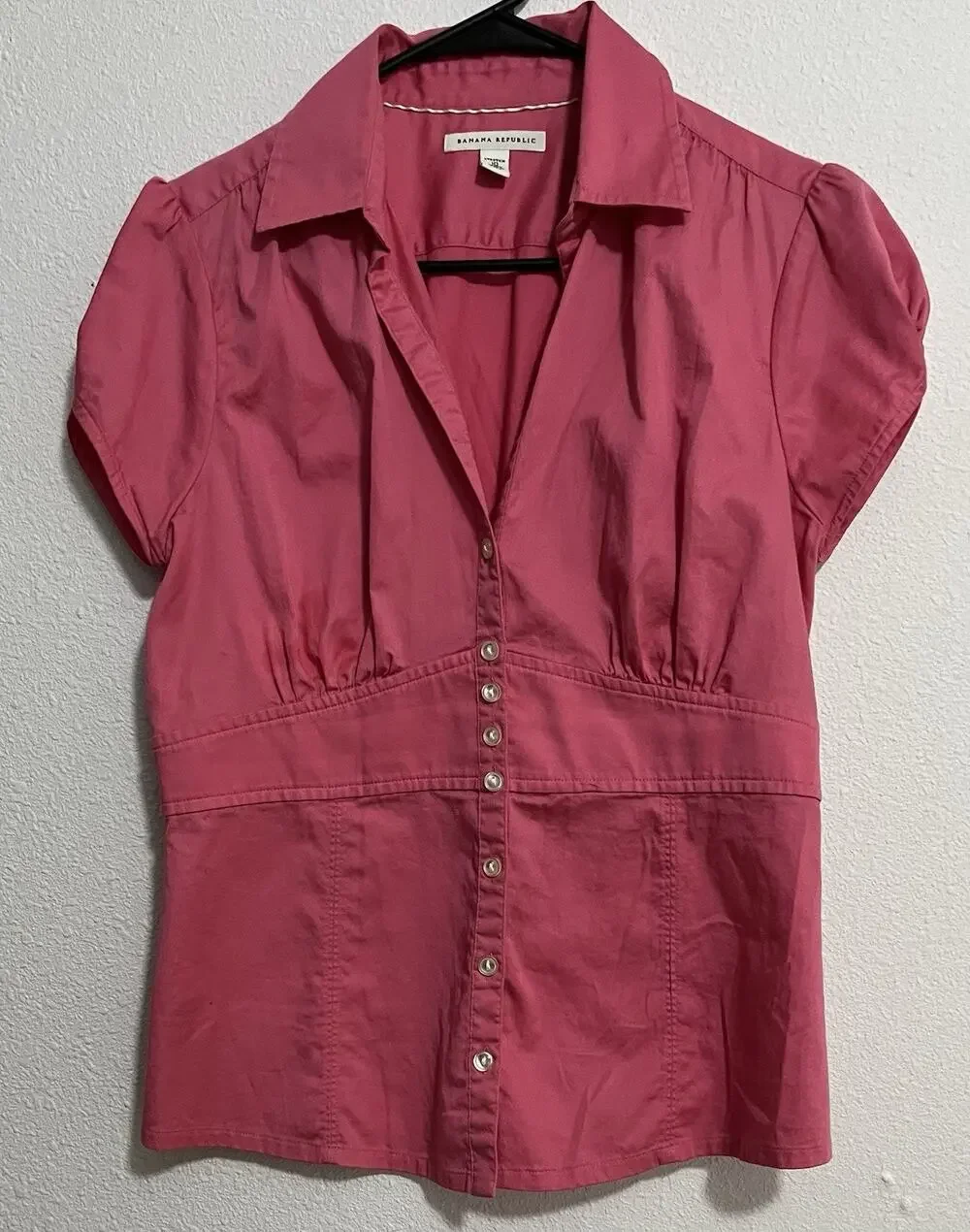 Banana Republic Pink Solid Collared Puff Short Sleeve Stretch Blouse Women's 10